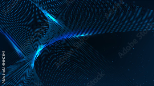 Futuristic technology background with flowing blue light dots, mesh wave and cyber space concept