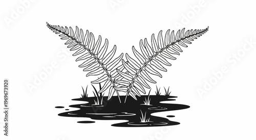 Two symmetrical ferns rise from a dark, reflective pool of water