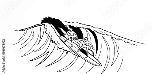 Two surfers ride a large wave, rendered in a bold black and white line drawing style