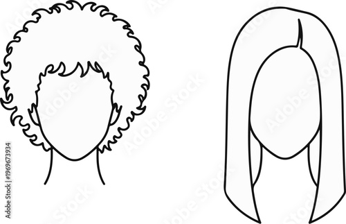 Two stylized human head outlines, one with curly afro hair, one with straight long hair