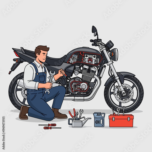 Mechanic repairing a motorcycle engine with tools, close-up view of internal parts