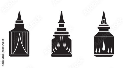 Three black and white illustrations of bottles with dropper lids  various shapes and designs  no labels  simple line art style