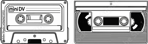 Two vintage magnetic tape cartridges, one Mini DV, one VHS, side by side.