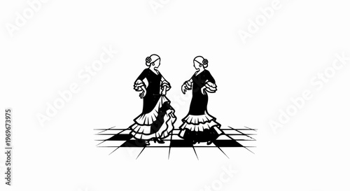 Two women in traditional dresses dance flamenco on a checkered floor