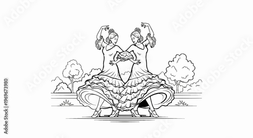 Two women in layered dresses dancing gracefully outdoors amidst trees