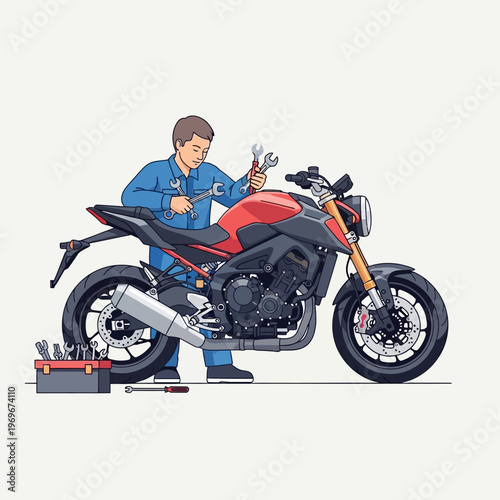 Mechanic repairing a motorcycle in a workshop with tools