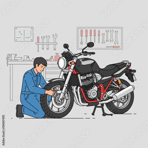 Mechanic repairing a motorcycle in a workshop, tools on wall, close-up on wheel