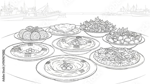 Variety of Mediterranean dishes and boats in the background
