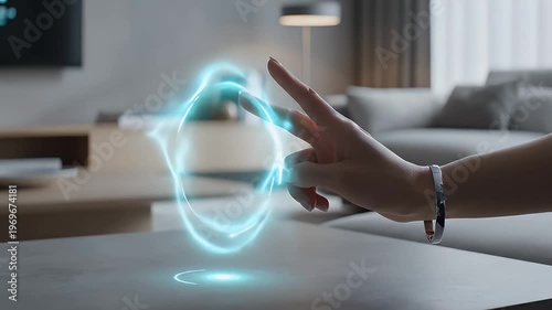 Wallpaper Mural Woman's hand touching glowing futuristic interface in modern home. Torontodigital.ca