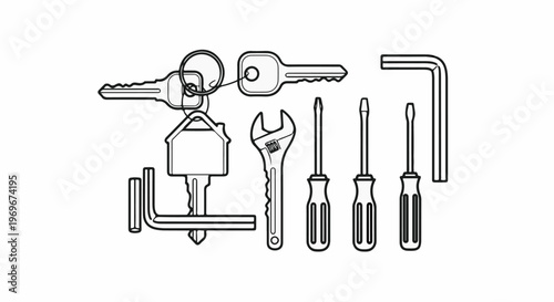 Various tools and keys, including a house key, are depicted in a line art style