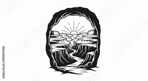 View from a cave mouth overlooking a sunlit canyon with a river below