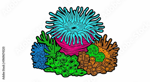 Vibrant underwater scene featuring a colorful anemone and diverse coral formations