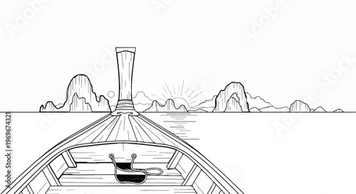 View from a boat approaching karst islands at sunrise