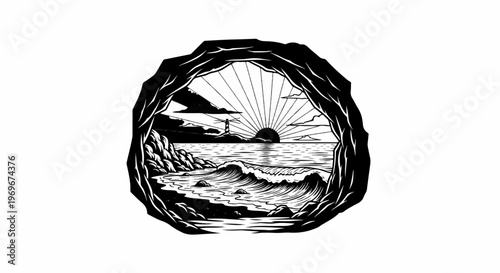 View of a rocky coastline and ocean sunrise through a cave entrance