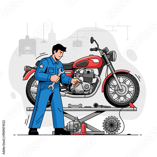 Mechanic repairing a red motorcycle on a lift in a workshop