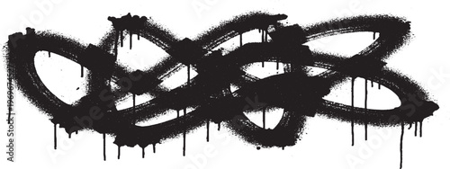 Black spray paint tag with drips on white background with abstract design evokes urban art and vandalism street art paint splatter stain abstract graffiti spray can