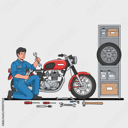 Mechanic repairing a red motorcycle with tools and spare parts in a workshop