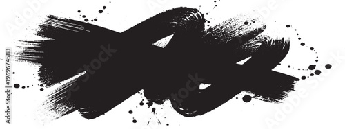 Black brush stroke with splatter and dots on white background with ink splatter paint spray paint
