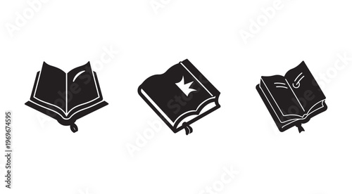 Three black and white illustrations of open and closed books with ribbons  educational icons