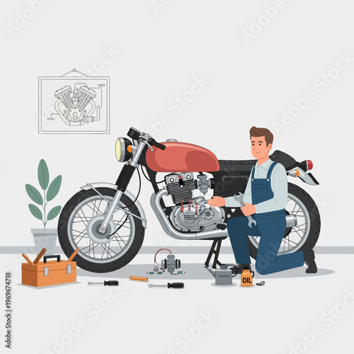 Mechanic repairing a vintage motorcycle engine with tools and oil in a workshop