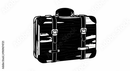 Vintage black suitcase with straps and buckles, ink drawing