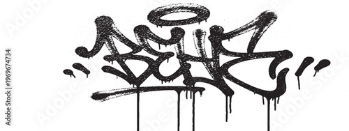 Black graffiti tag with halo and drips from spray paint with white background street art ink drip