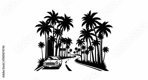 Vintage car drives down a winding road through a palm tree forest