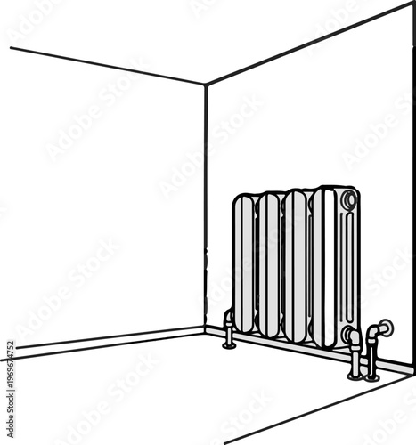 Vintage cast iron radiator in a simple line drawing interior