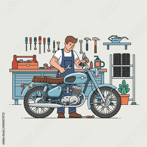 Mechanic repairing a vintage blue motorcycle in a workshop with tools and spare parts.