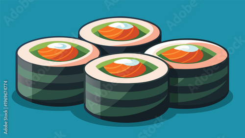 Fresh sushi rolls placed neatly on a blue background with green accents showcasing salmon, rice, and seaweed