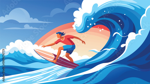 Surfer rides a large wave at the beach during a bright sunset while enjoying the ocean water and warm breeze