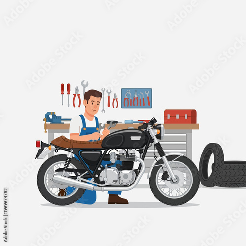 Mechanic repairing a vintage motorcycle in a workshop with tools and spare tires