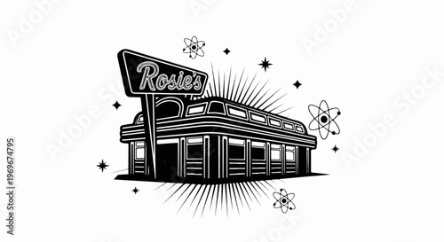Vintage diner with atom symbols and a retro sign, sunburst background