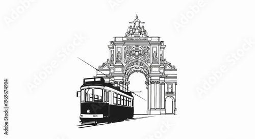 Vintage tram passes through a grand archway, sketched in monochrome