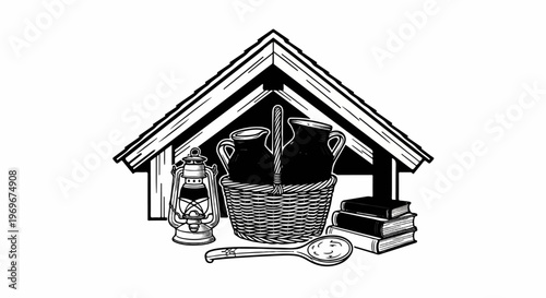 Vintage still life with building, lantern, basket, jugs, books, and spoon