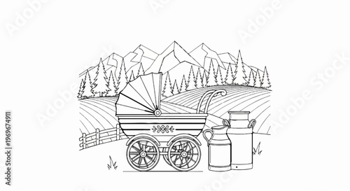 Vintage stroller, milk cans on a farm with mountains