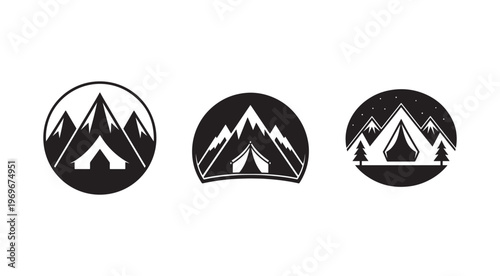 Three black and white mountain icons with tent and trees in circular shapes for outdoor and travel designs  camping and hiking symbols