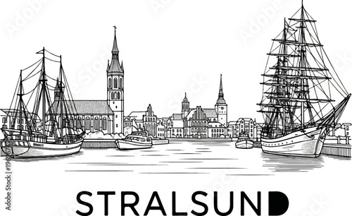 Vintage sketch of a historic harbor with tall ships and old buildings