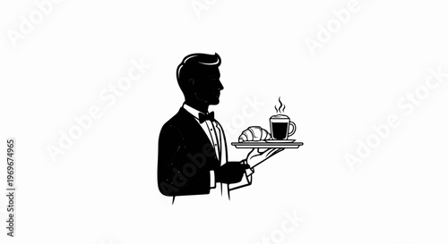 Waiter in tuxedo serving coffee and croissant on a tray