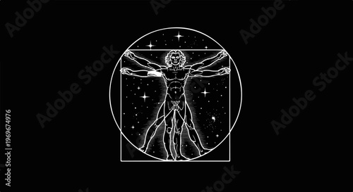 Vitruvian man illustration in a square and circle against a starry background