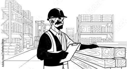 Warehouse worker inspects lumber with clipboard, surrounded by shelves, bags, and forklifts
