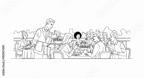 Waiter serving a table of diverse people enjoying a meal on a rooftop terrace