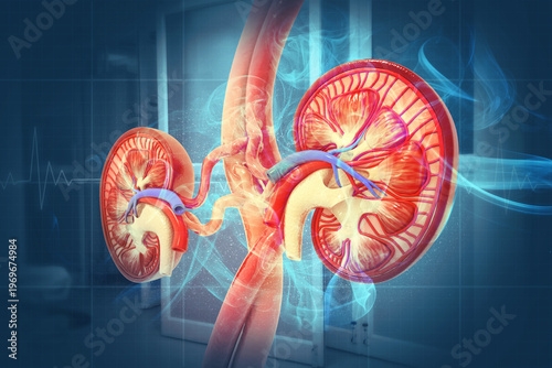 Kidneys, Human kidney anatomy cross section, scientific background, 3d illustration
