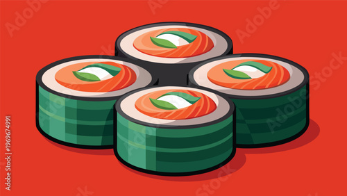 Fresh sushi rolls with salmon and leaves on a red background ready to enjoy in a restaurant setting after preparation