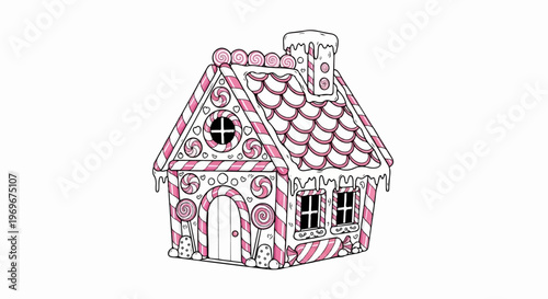 Whimsical candy house with pink stripes, swirls, and icicle trim