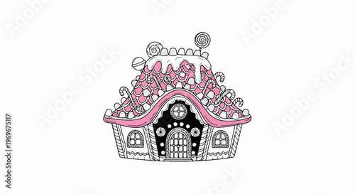 Whimsical candy house with pink roof, icing, and candy decorations