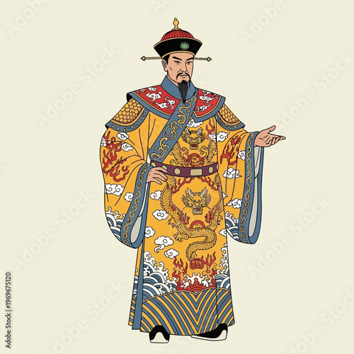 Ancient Chinese Emperor in Traditional Dragon Robe
