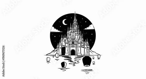 Whimsical castle silhouette with floating lanterns under a starry moonlit sky