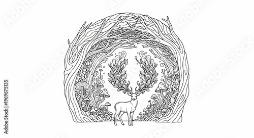 Whimsical deer with elaborate antlers stands amidst a fantastical forest