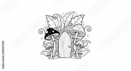 Whimsical fairy door surrounded by mushrooms, leaves, and swirling vines